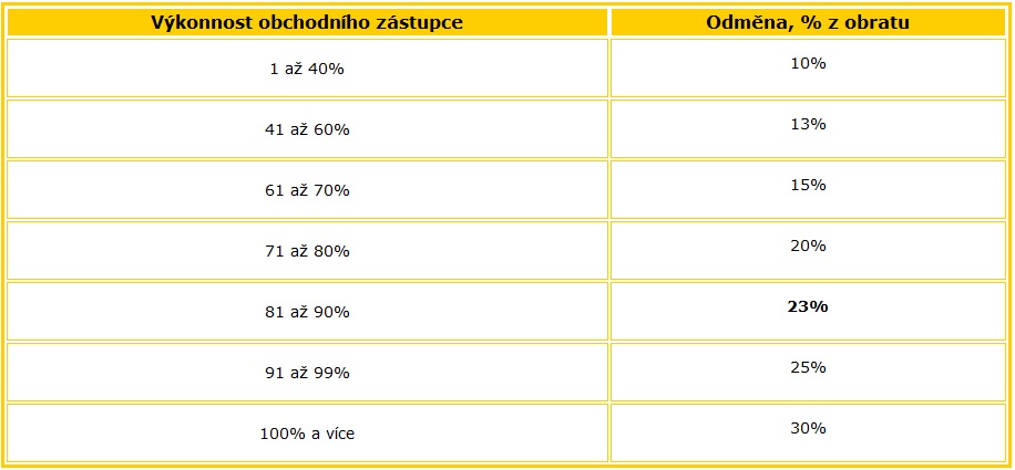 Příklad výkonnost obchodního zástupce Tabulka 6